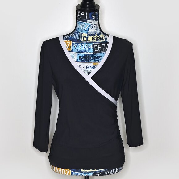 WHITE HOUSE BLACK MARKET Faux Wrap Crossover Top Y2K V-Neck 3/4 Sleeves Black M - Picture 7 of 7